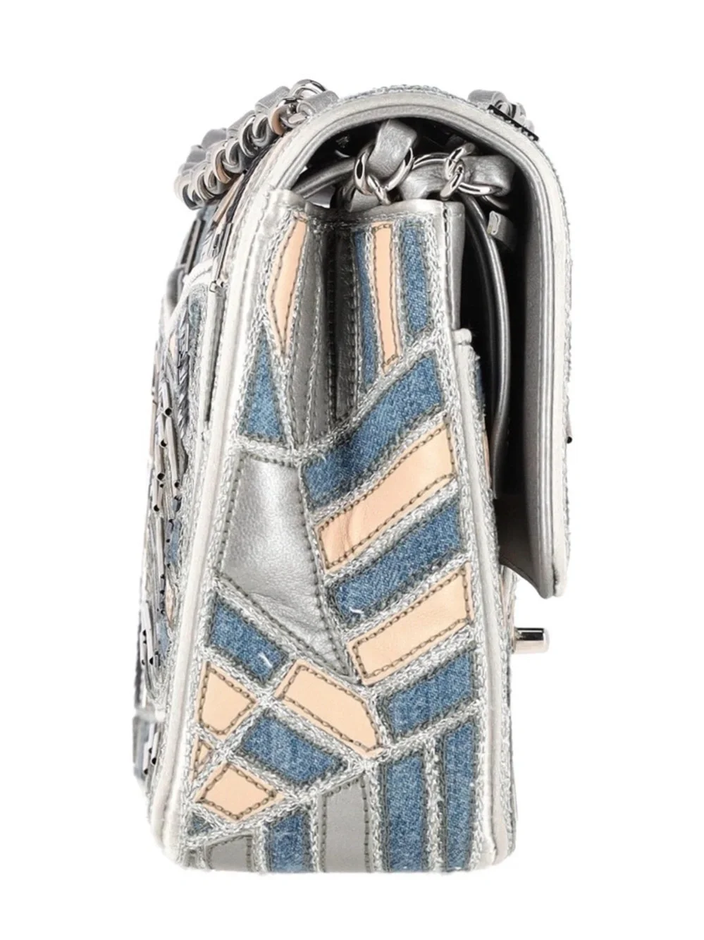 CHANEL RARE Silver, Blue & Cream Mosaic Quilted Denim Flap Shoulder Bag NWOT - Picture 3 of 8